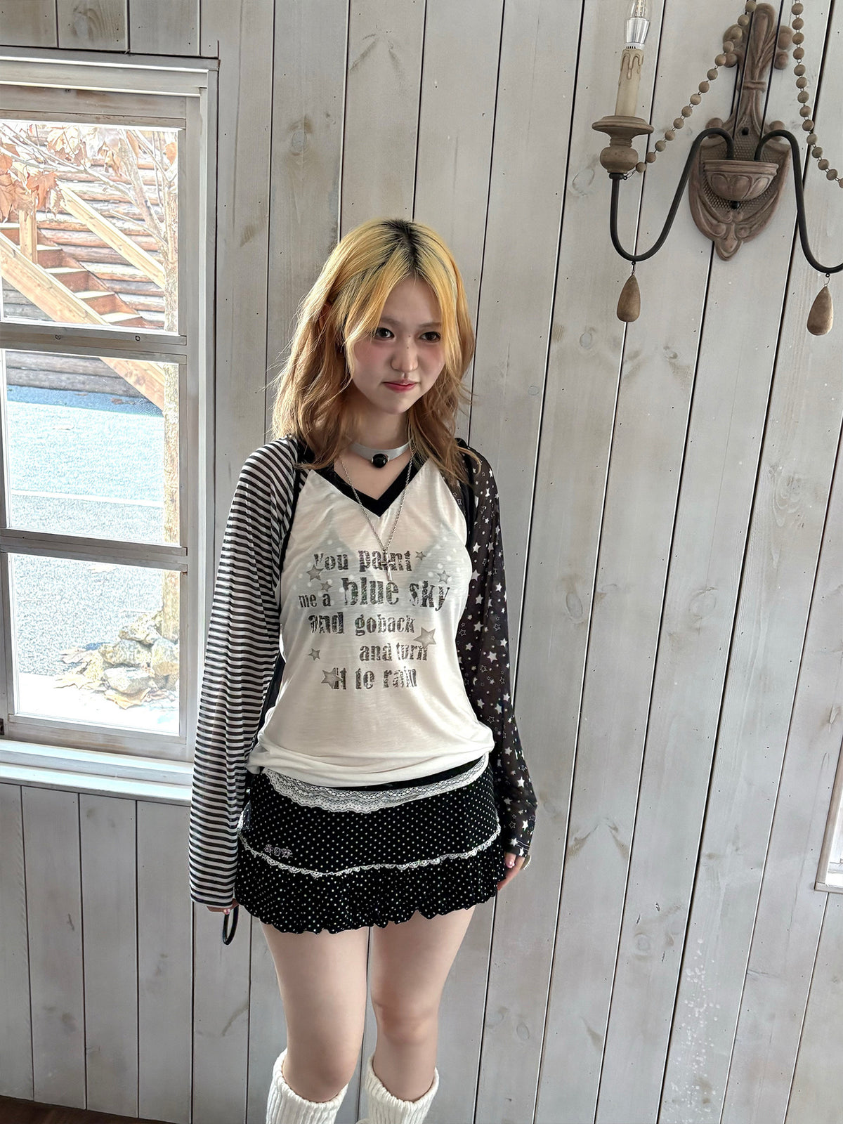 Star Mesh Stripe Contrast Lyocell Long Sleeve Top