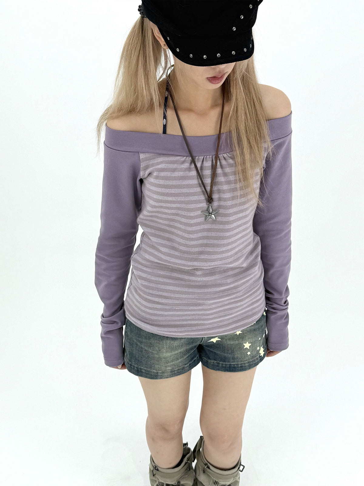 Striped Off-Shoulder Long Sleeve Top