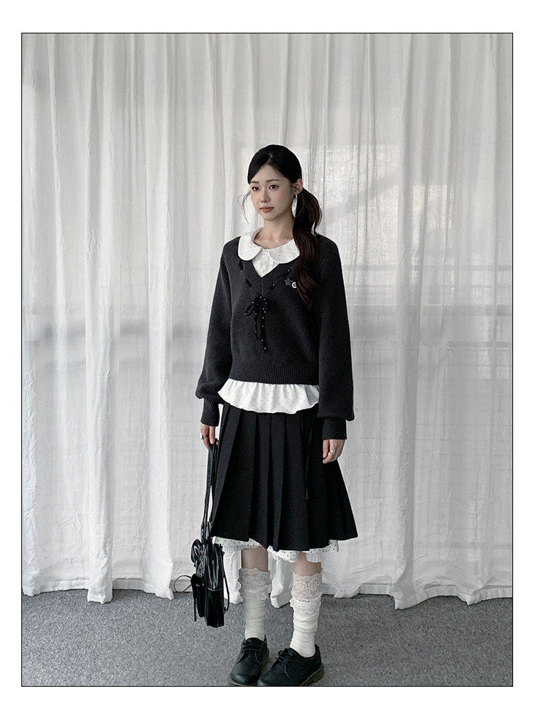 Black Bow Knit Sweater & Polka Dot Peter Pan Collar Two-Piece Set