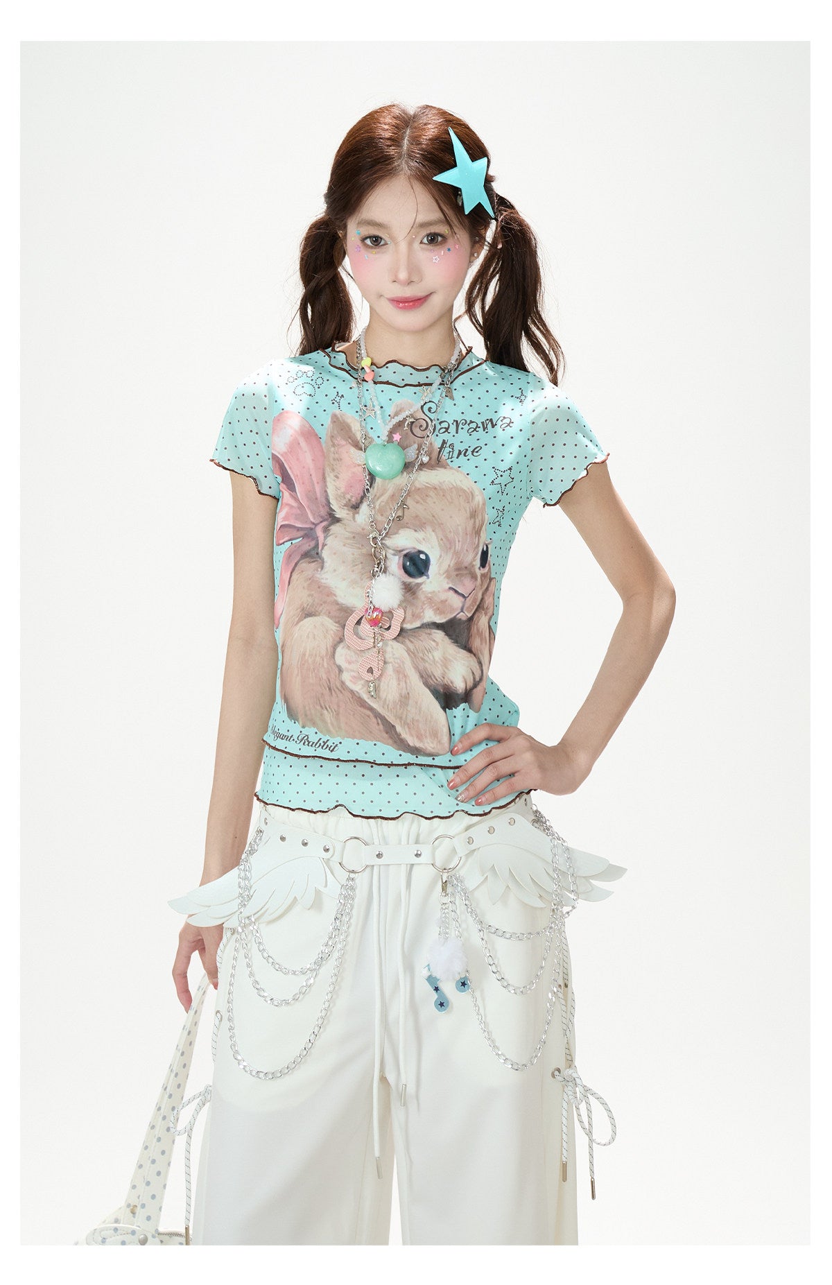 Ribbon Bunny Polka Dot Lettuce-Edge Tee