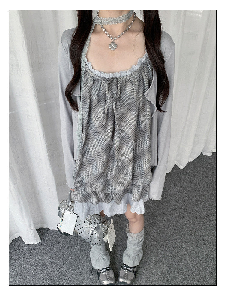 Dusty Blue Plaid Lace Bubble Dress Three-Piece Set