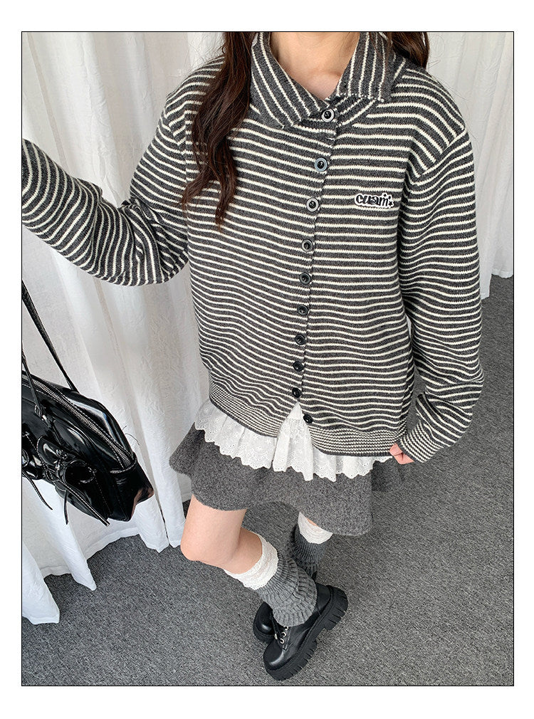 Striped Polo-Collar Knit Cardigan