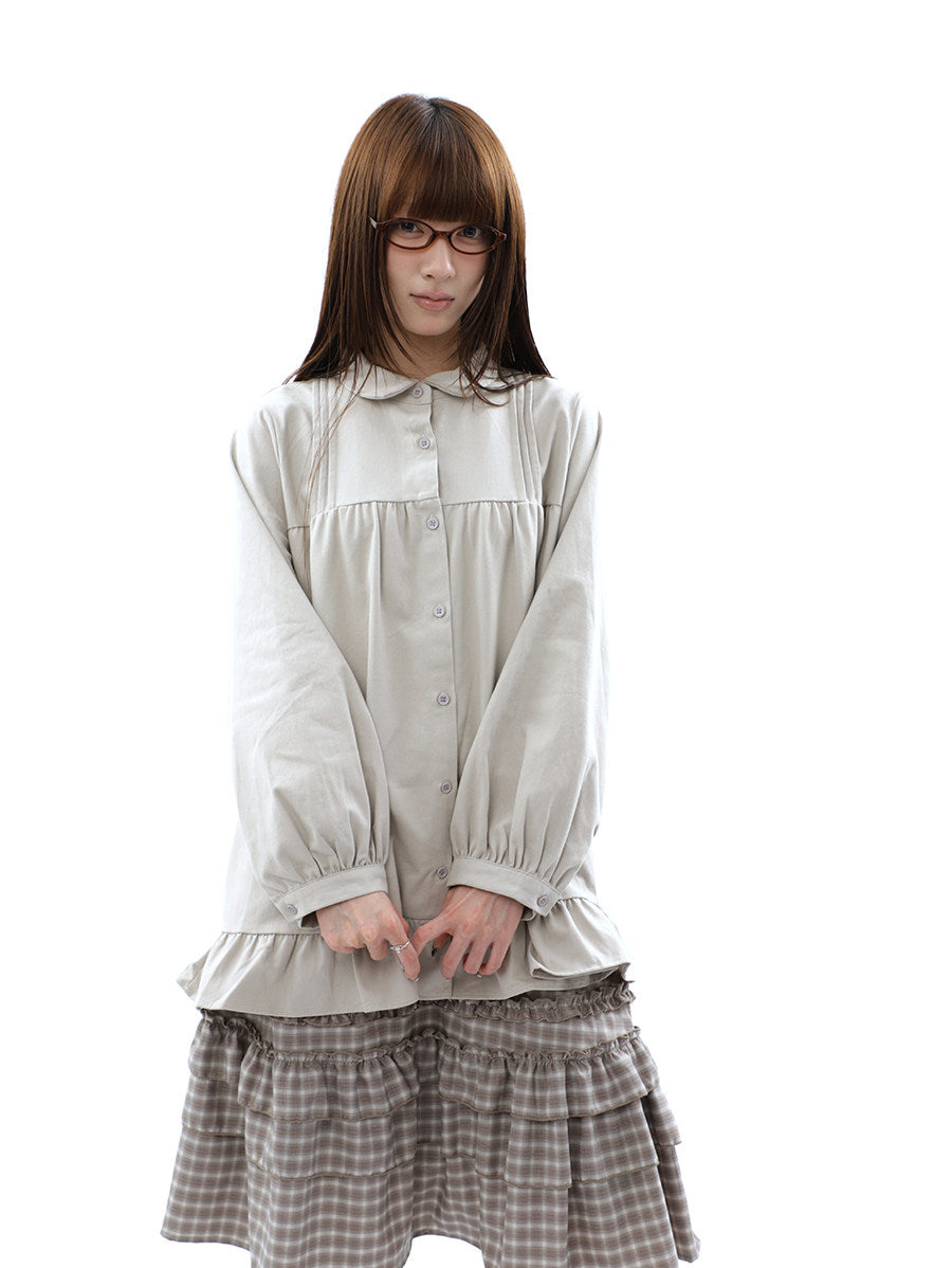 Pleated Ruffle Hem Button-Up Long Sleeve Blouse