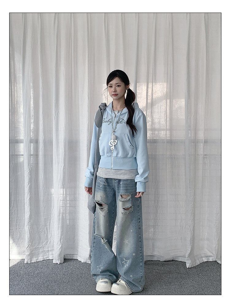 Blue Star Ripped Wide-Leg Jeans