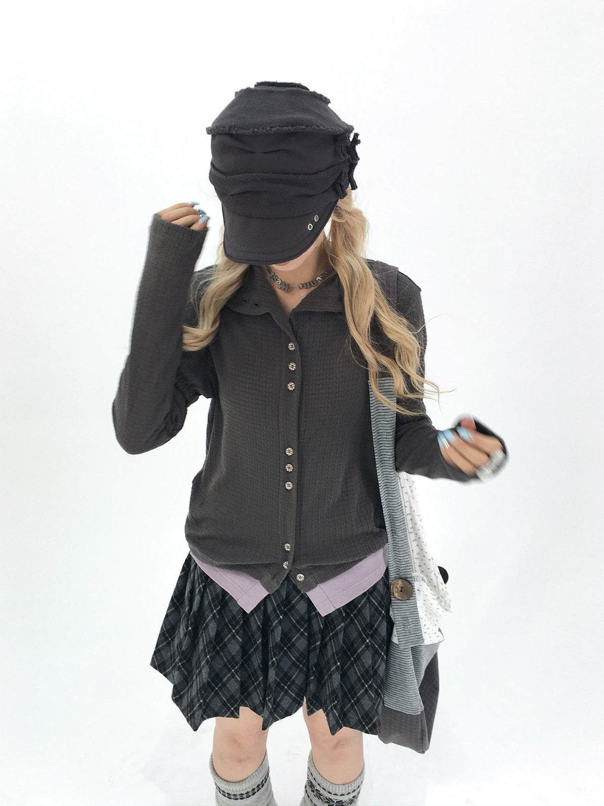 Charcoal Plaid Pleated A-Line Mini Skirt