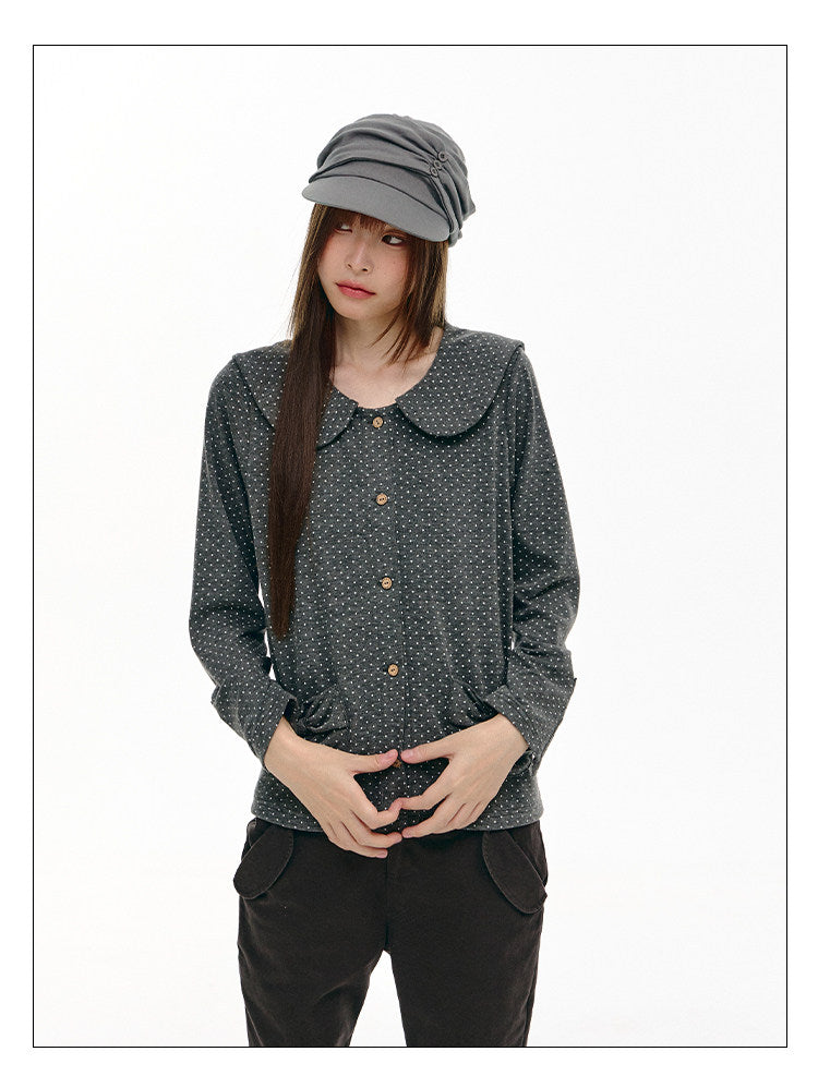 Charcoal Polka Dot Peter Pan Collar Button Shirt
