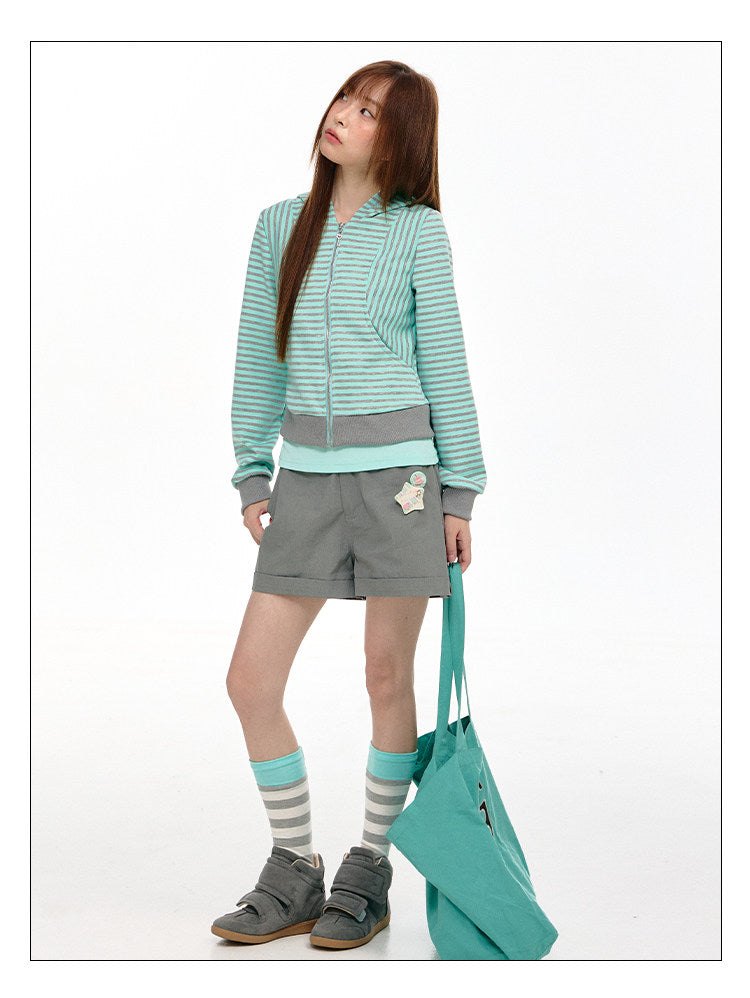 Mint Stripe Devil-Horn Zip-Up Hoodie