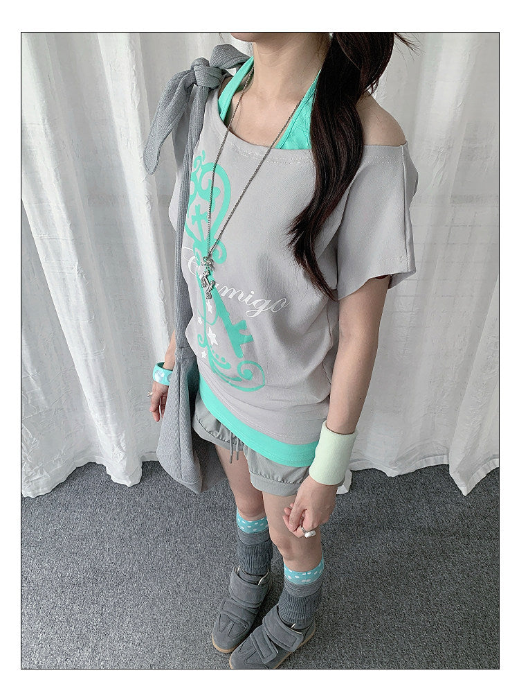 Off-Shoulder Layered Halter Tee
