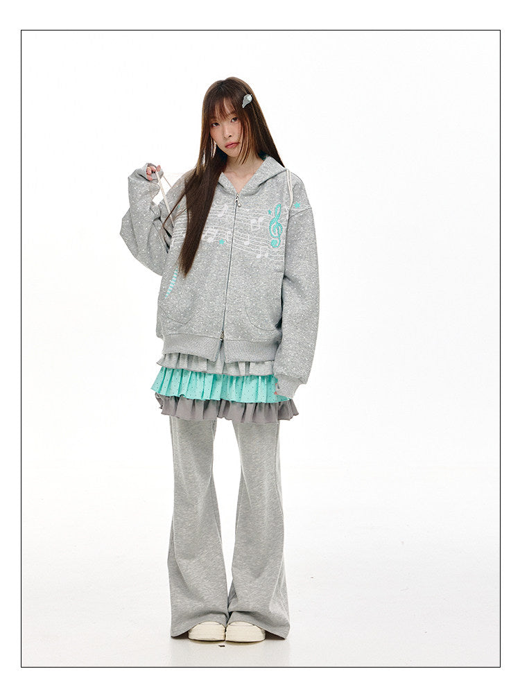 Gray Melody Polka Dot Graphic Zip Hoodie