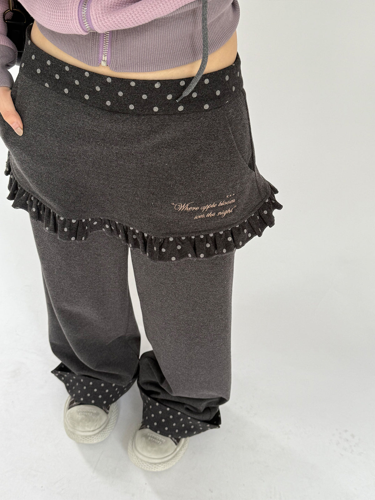 Charcoal Polka Dot Faux-Layer Wide-Leg Pants