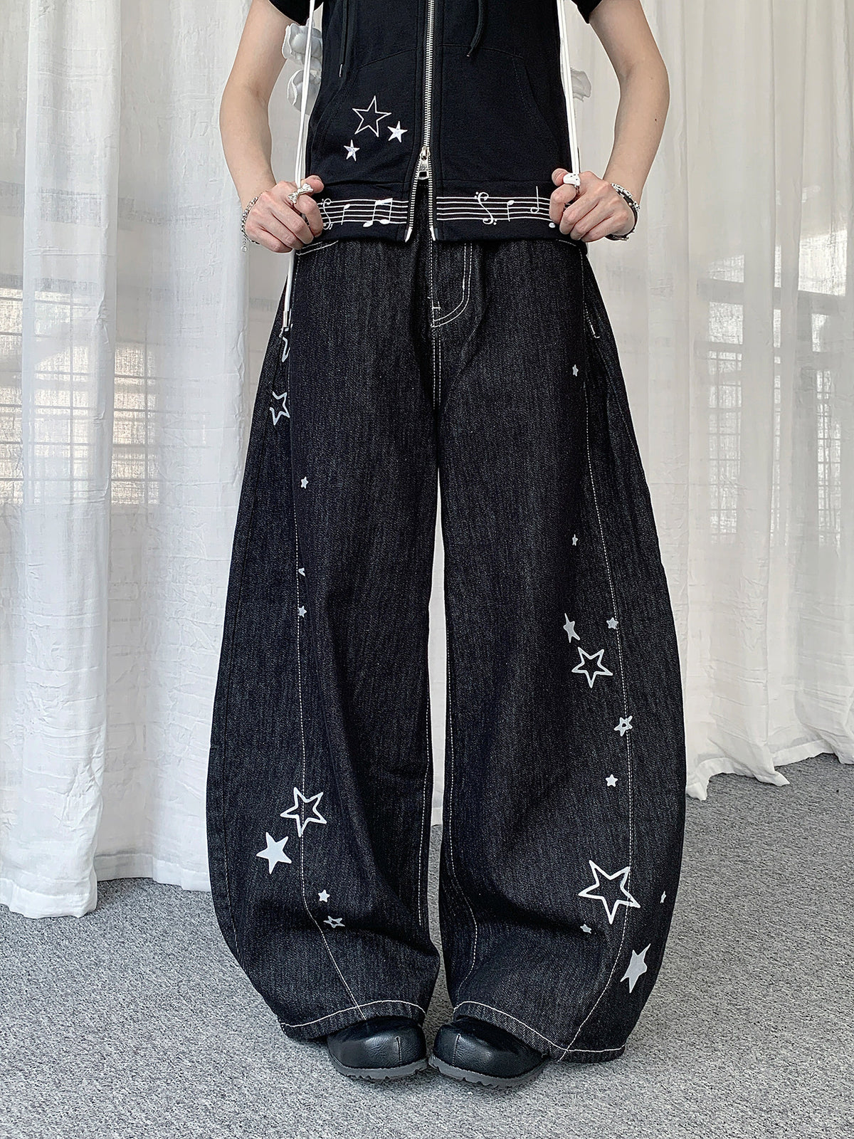 Star Embroidered Wide-Leg Jeans with Lace Overskirt