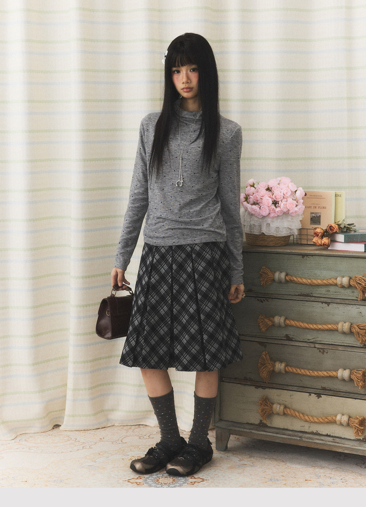 Polka Dot Mock-Neck Long Sleeve Top