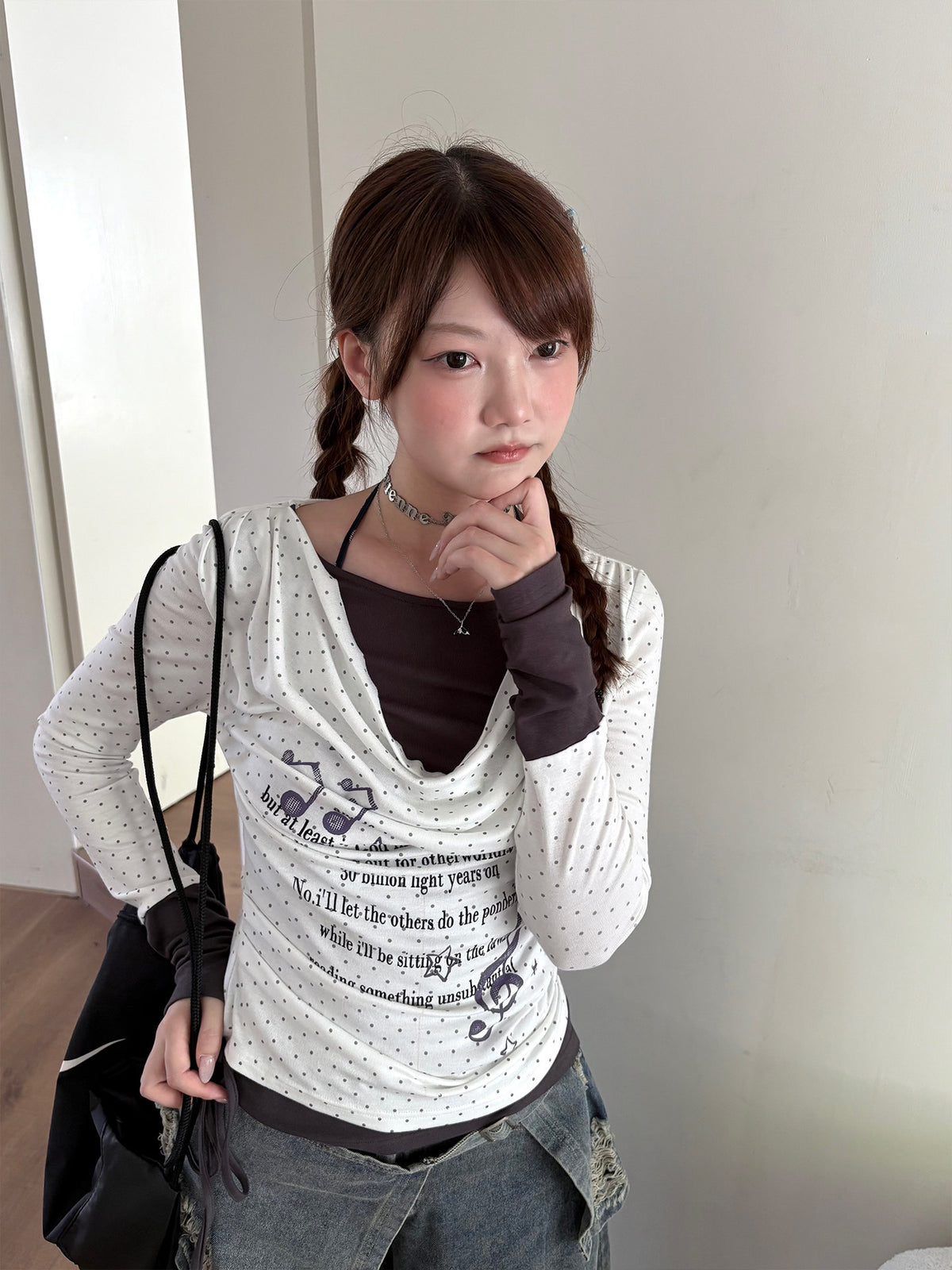 Polka Dot Cowl Neck Faux-Layer Graphic Long Sleeve Top