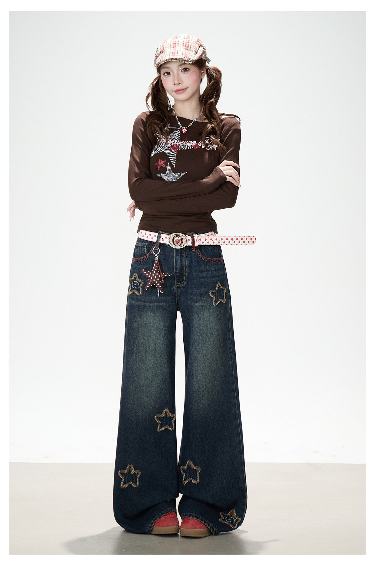 Frayed Star Patch Washed Wide-Leg Jeans