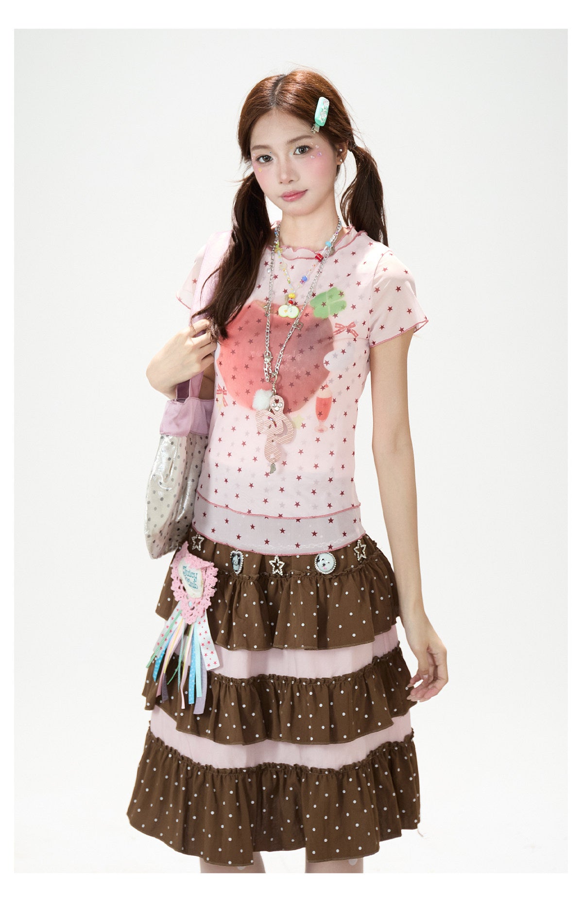 Star Mesh Baby Tee & White Wide-Leg Pants