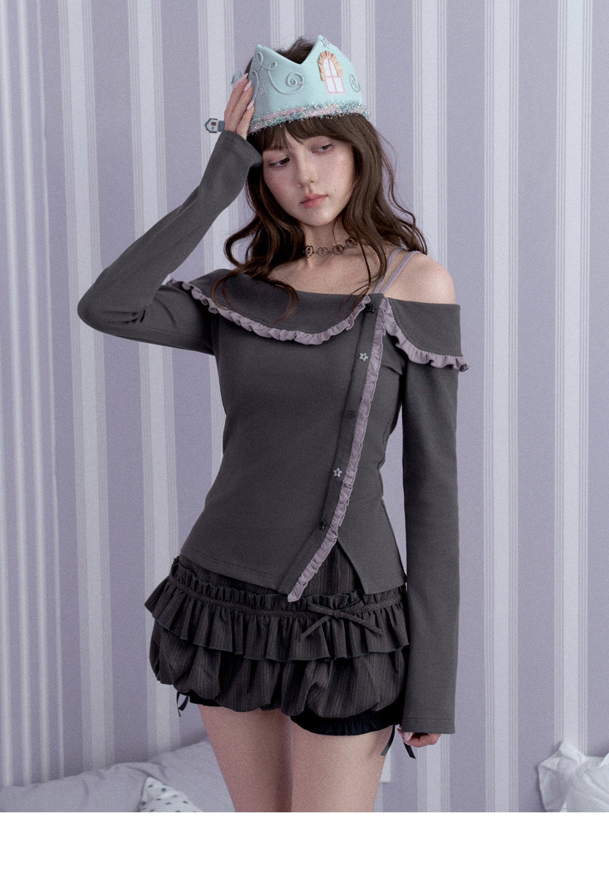 Double-Waist Pinstripe Ruffle Bubble-Hem Skort