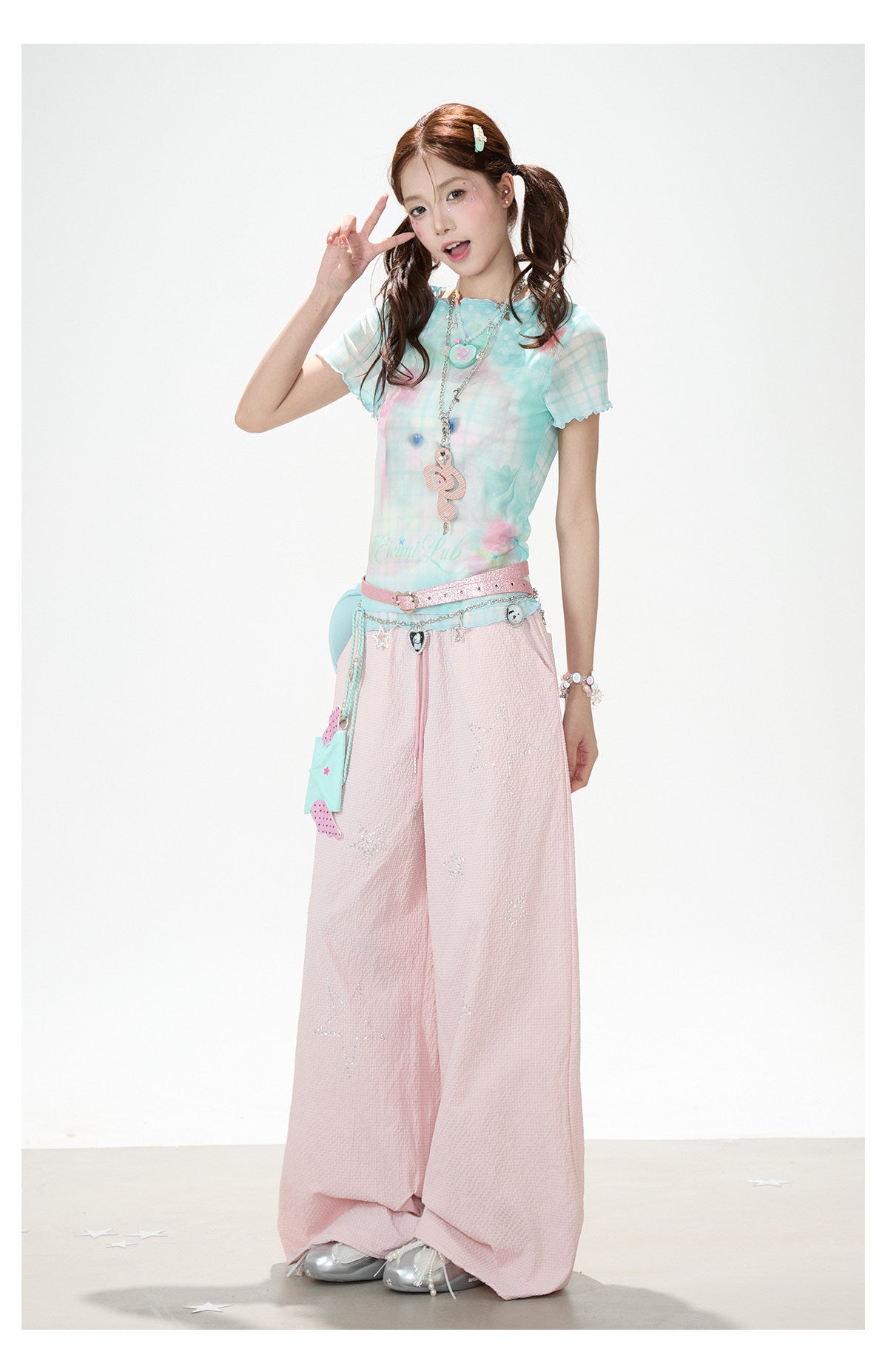 Pastel Cat Mesh Tee & Pink Star Wide-Leg Pants
