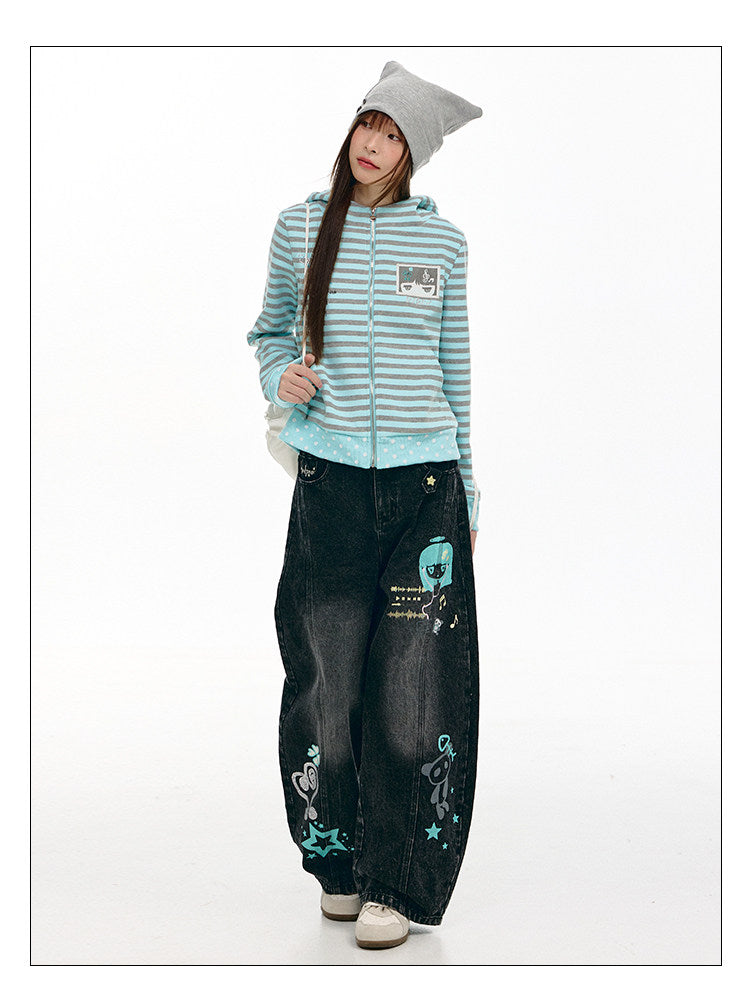 Mint & Gray Stripe Cat-Ear Zip Hoodie