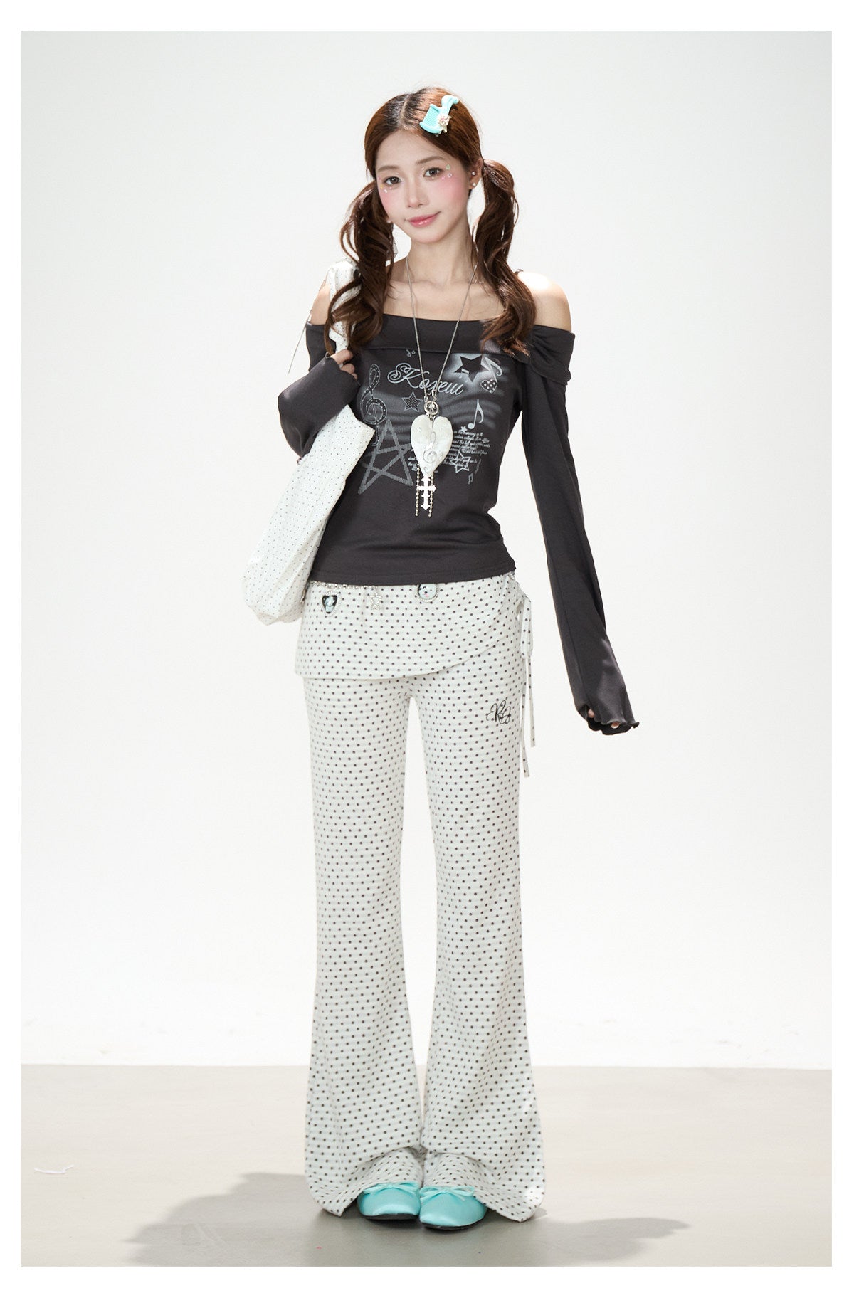 Polka Dot Wrap-Panel Flare Pants