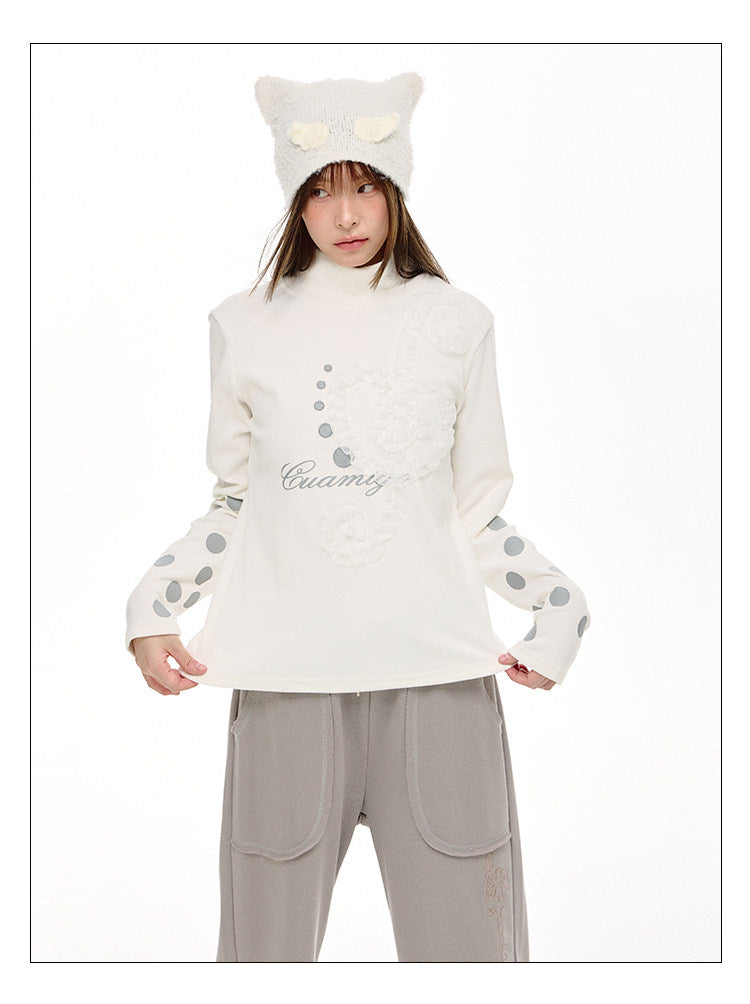 Lace Music Note Appliqué Mock Neck Long Sleeve Top