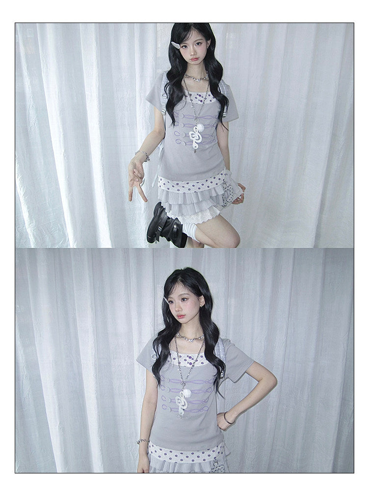 Lilac Polka Dot Faux-Layer Fitted Tee
