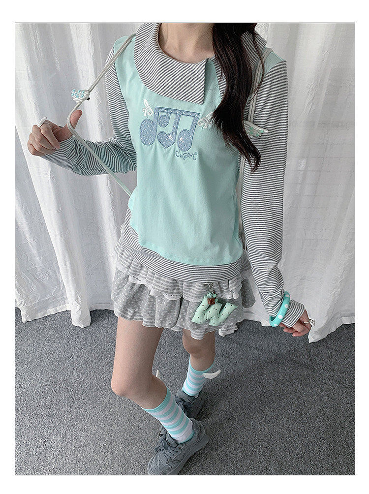 Music Note Embroidered Faux-Layered Long Sleeve Top