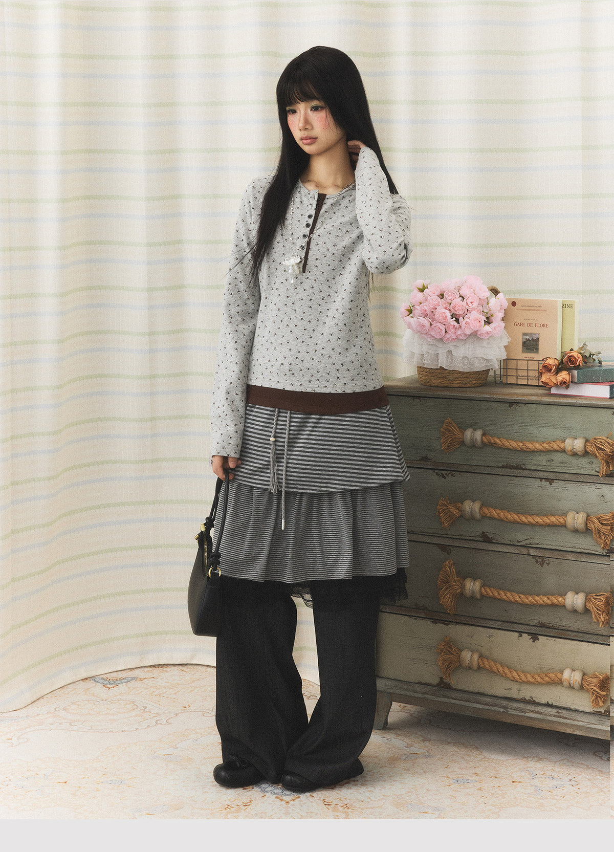 Floral Henley Faux-Layer Long Sleeve Top