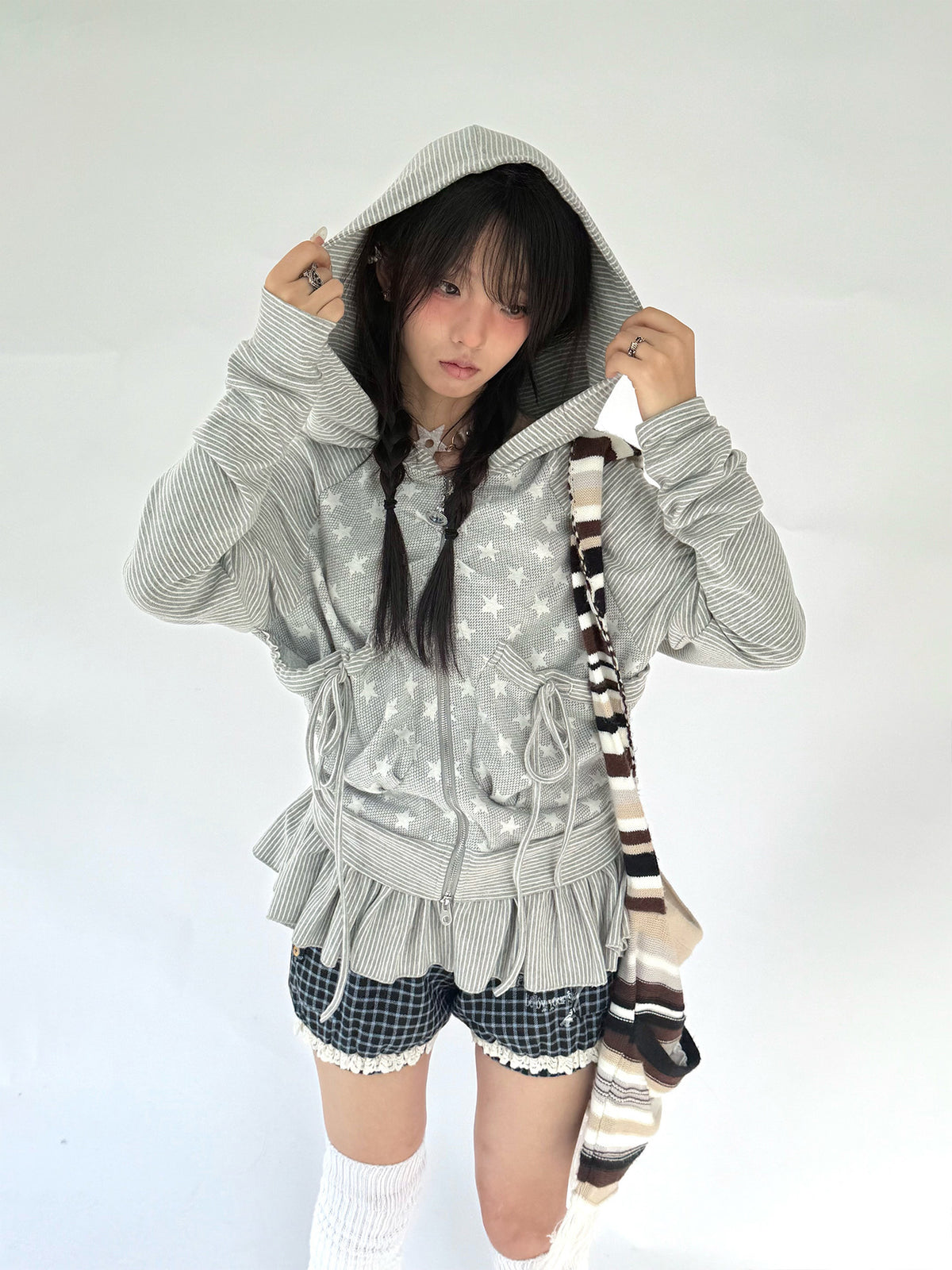 Star Ruffle Drawstring Zip-Up Hoodie