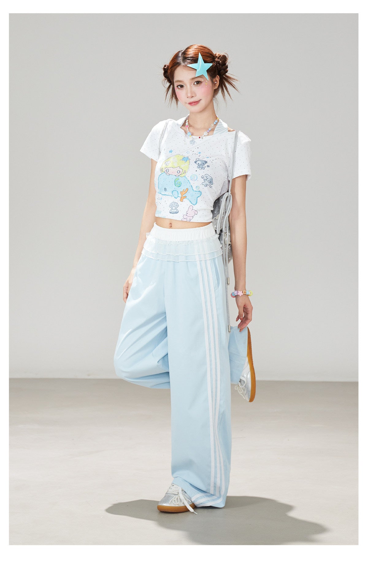 Ruffle Waist Side Stripe Wide-Leg Pants