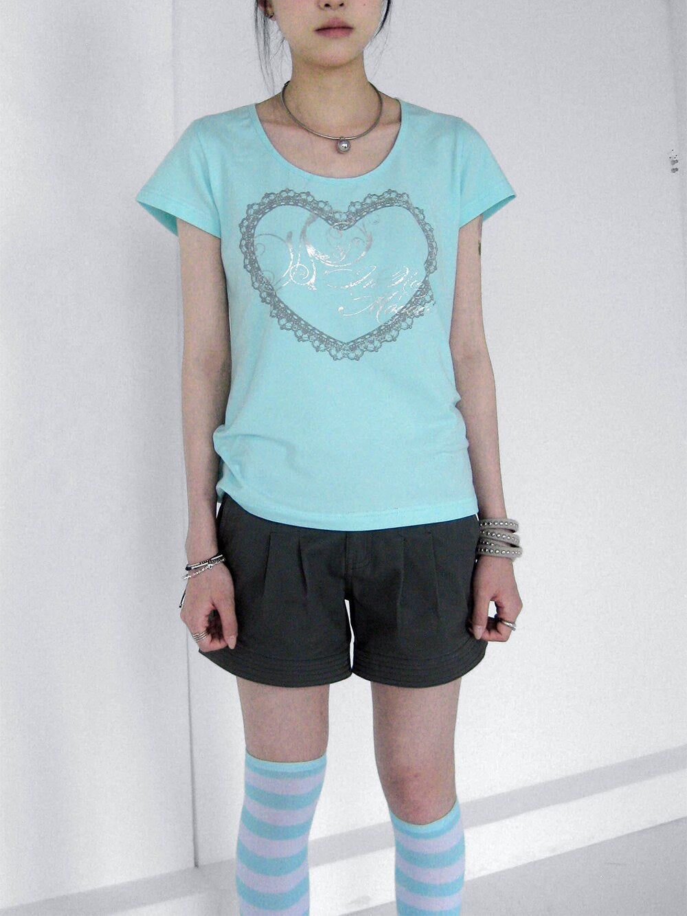 Silver Lace Heart Scoop-Neck Fitted Tee