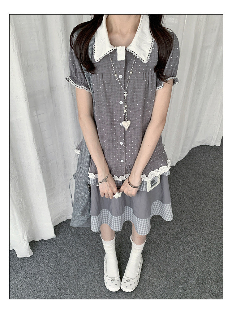 Polka Dot Peter Pan Collar Ruffle-Hem Blouse