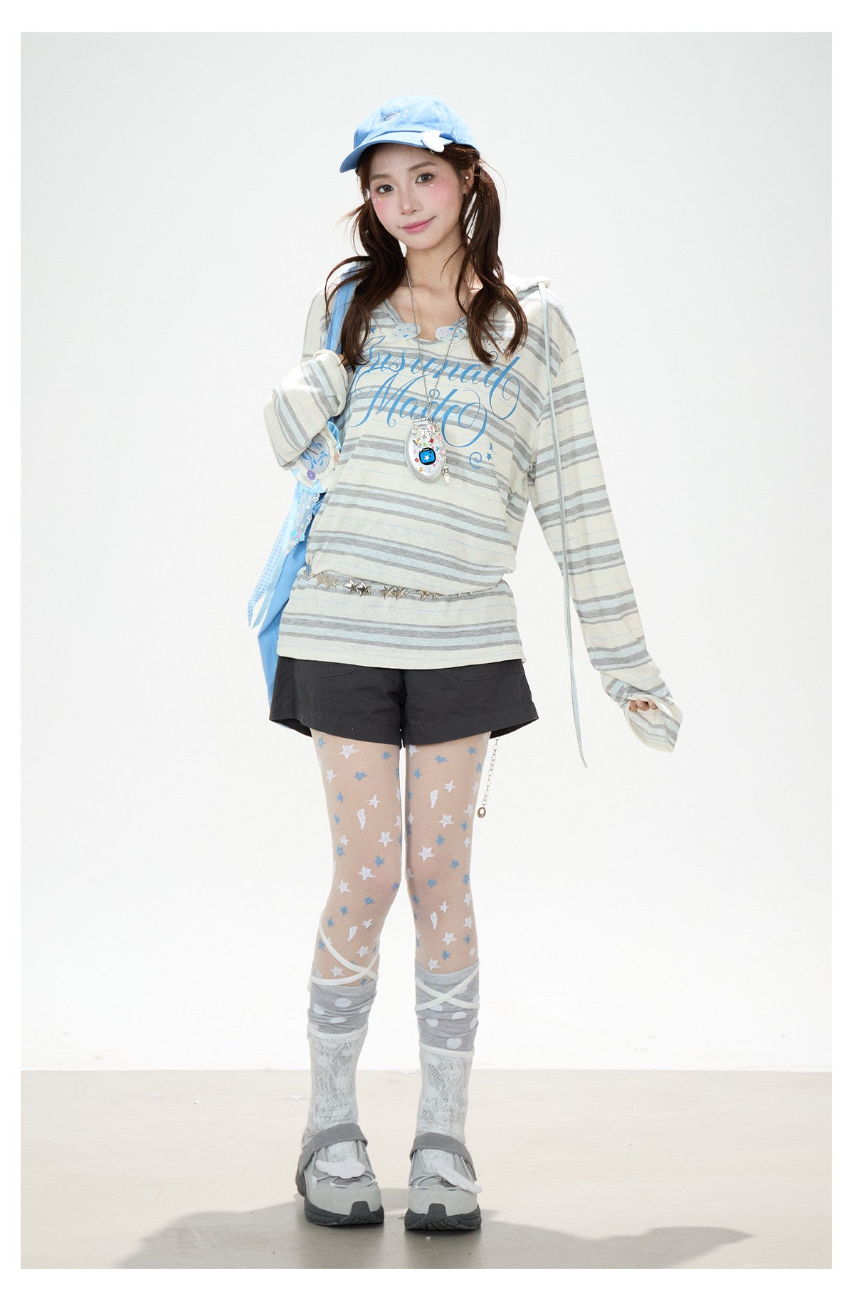 Blue Striped Hooded Long Sleeve Top & Dark Gray Drawstring Shorts