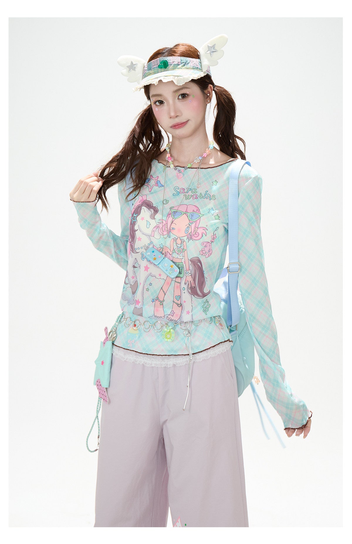 Pastel Anime Plaid Long Sleeve Top & Camo Lace-Trim Midi Skirt
