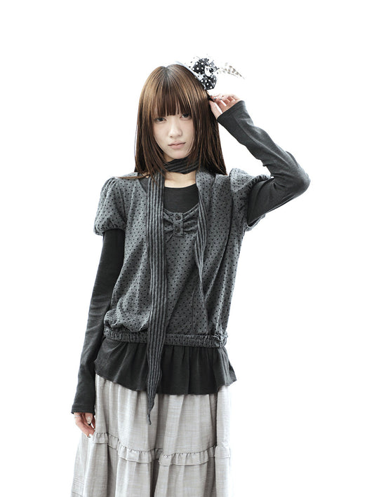 Polka Dot Layered Two-Piece Top Set with Scarf