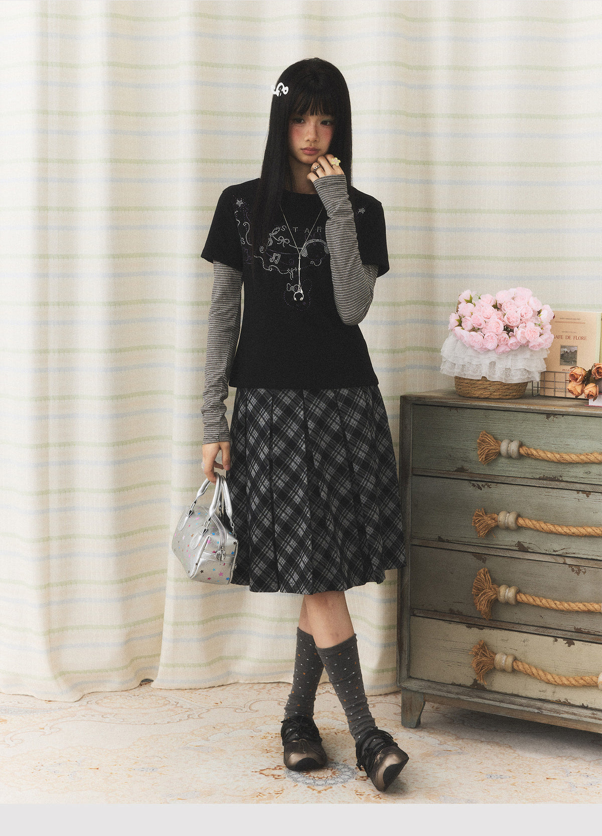 Vintage Plaid Pleated Midi Skirt