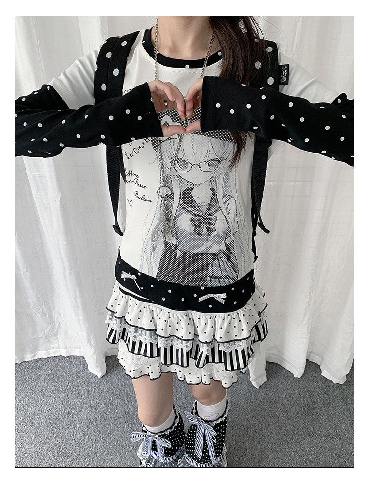 Polka Dot Faux-Layer Girl Graphic Long Sleeve Tee
