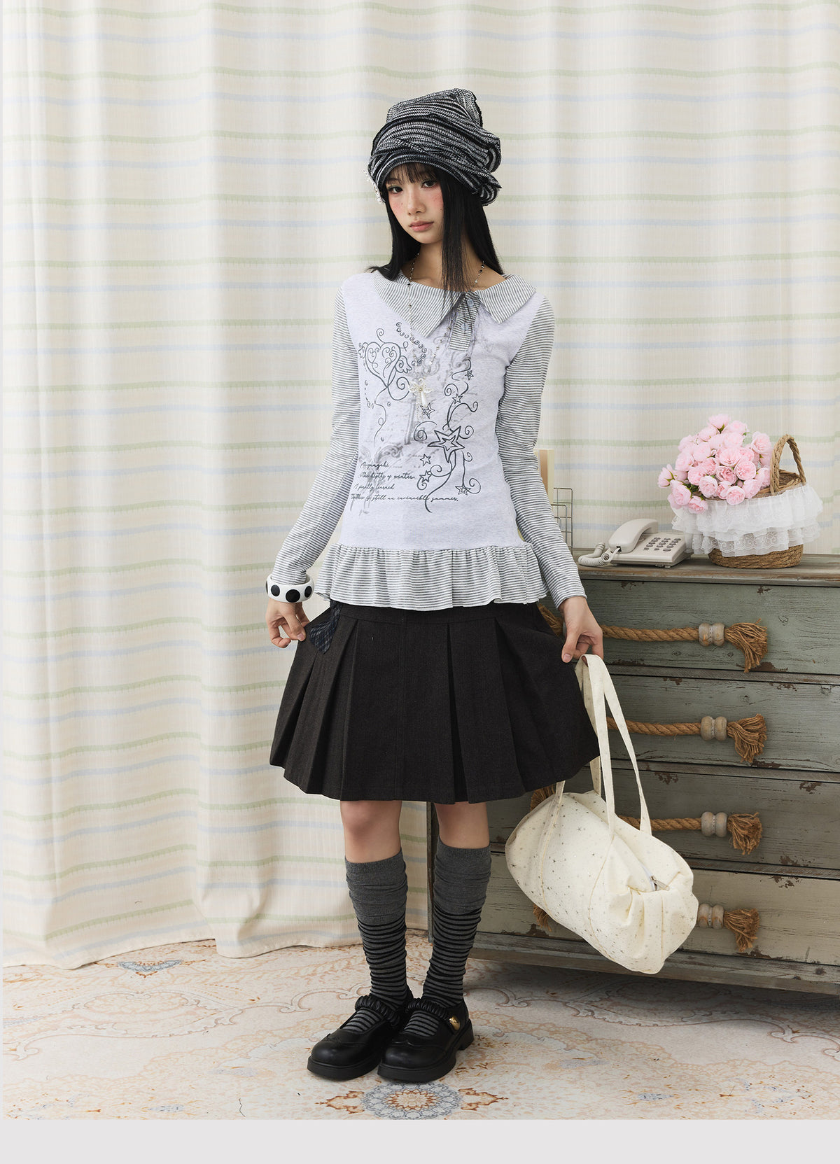 Graphic Stripe Faux-Layer Ruffle-Hem Long Sleeve Top