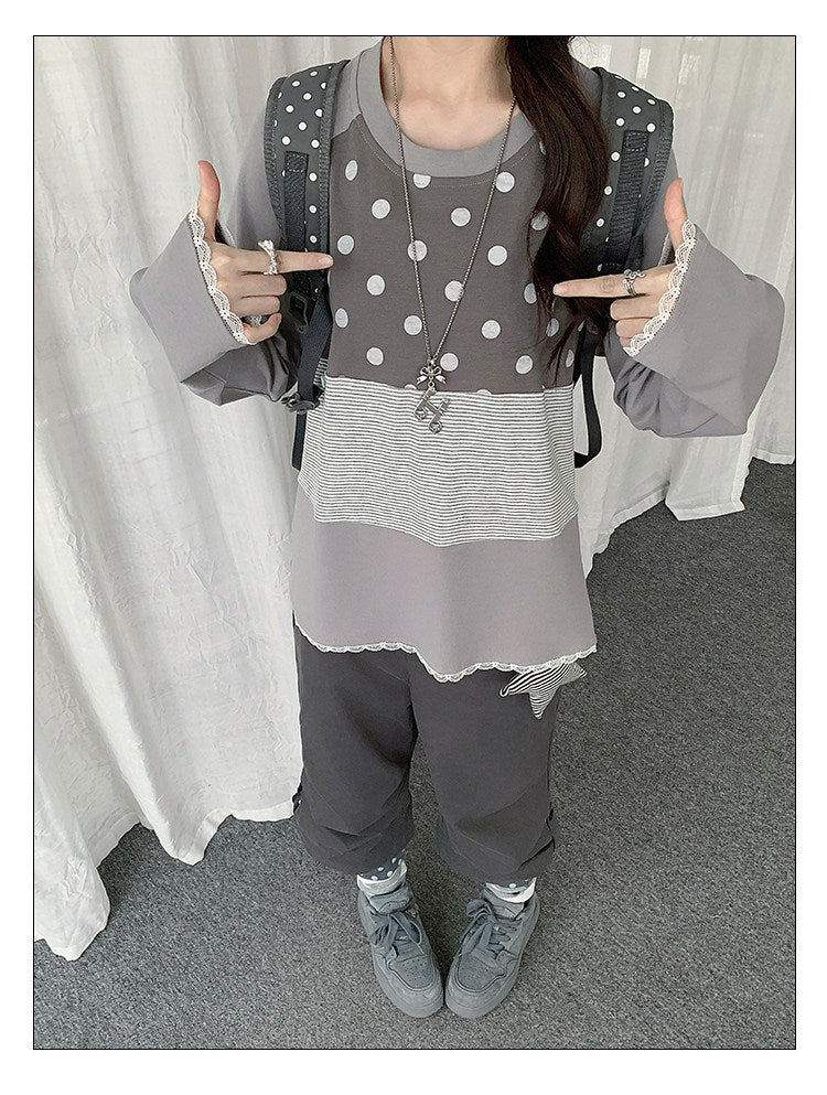 Polka Dot Stripe Lace-Trim Patchwork Long Sleeve Top