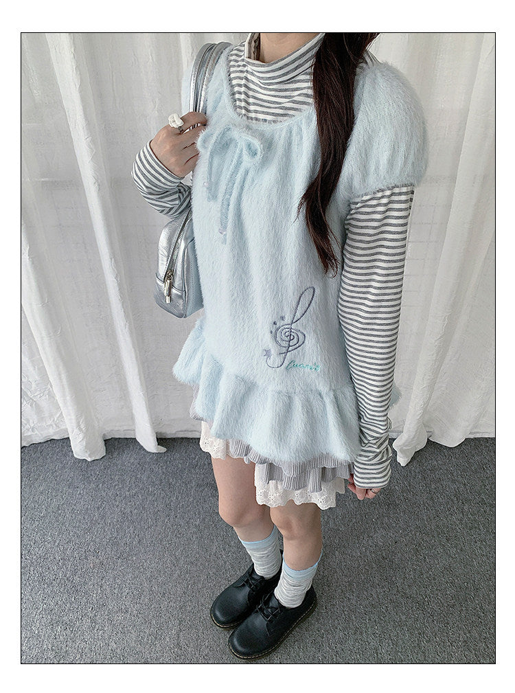 Fuzzy Ruffle Layered Two-Piece Long Sleeve Top Set