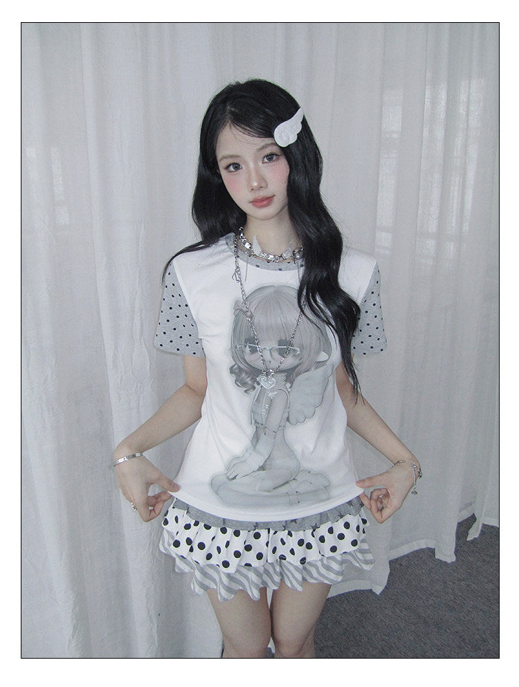 Angel Girl Contrast-Sleeve Graphic Tee
