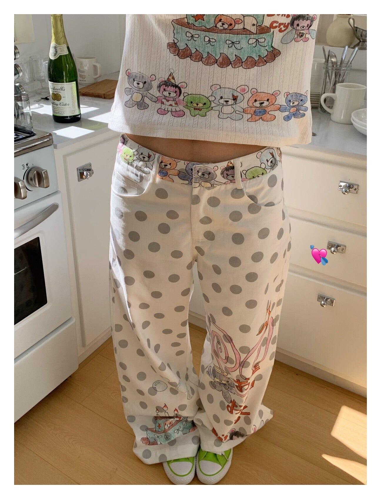 Happy Birthday Bear Gray Polka Dot Wide-Leg Pants