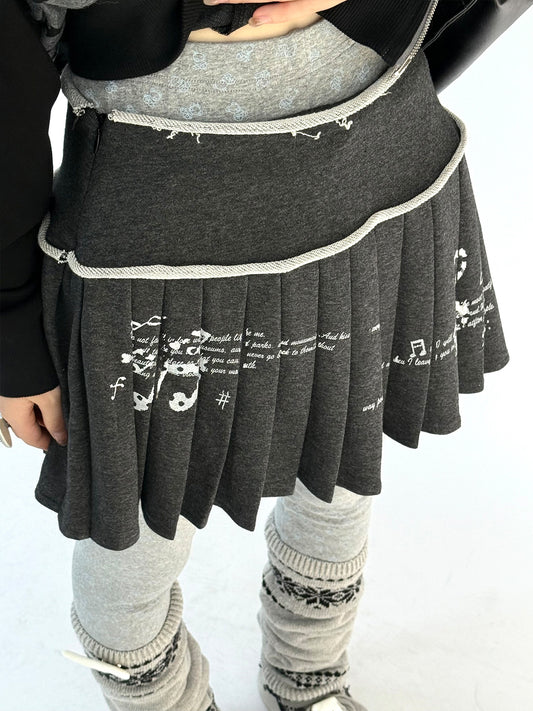 Music Note Rolled-Waist Pleated Mini Skirt