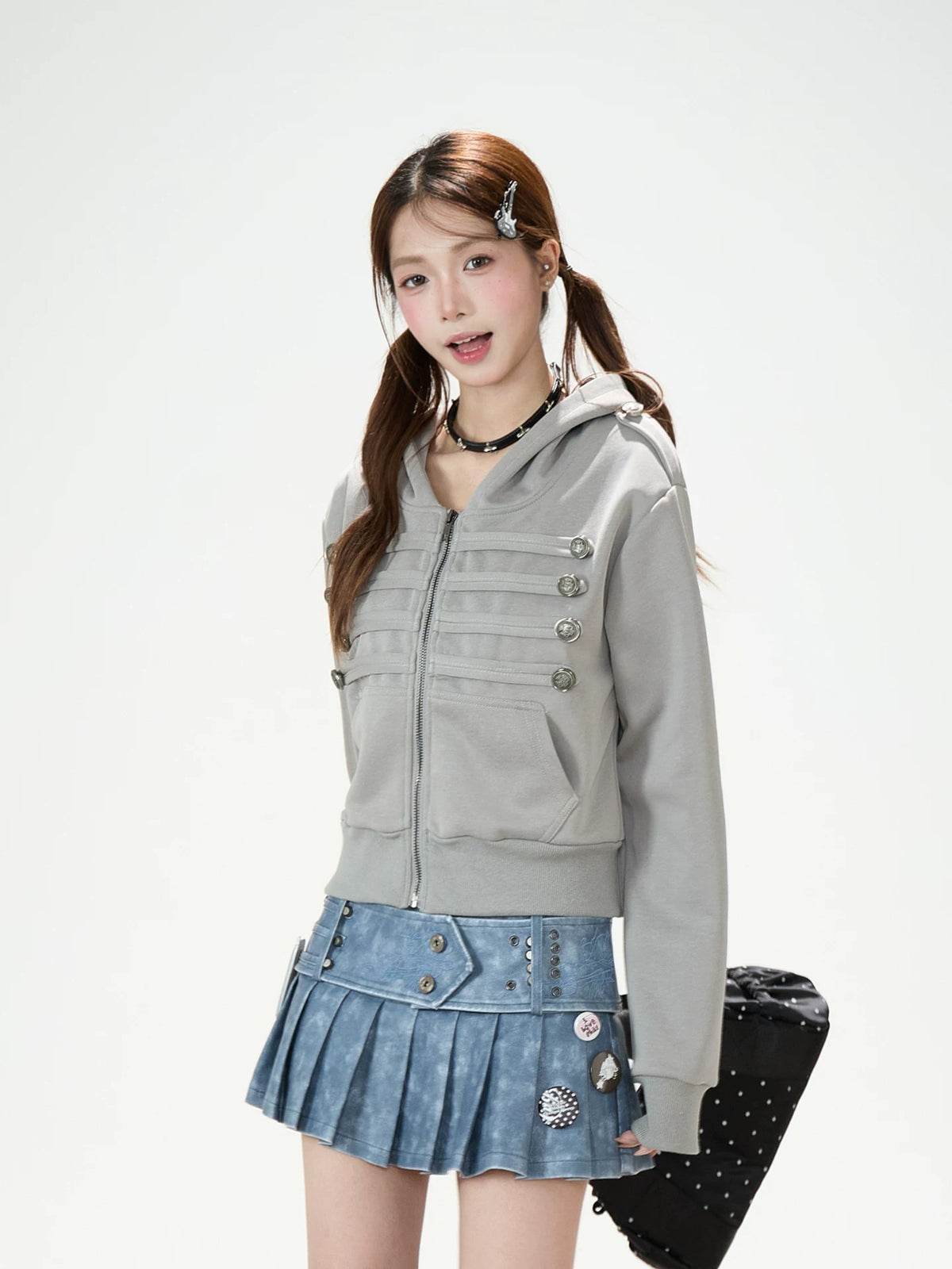 Utility Button Zip-Up Hoodie & Blue Pleated Mini Skirt