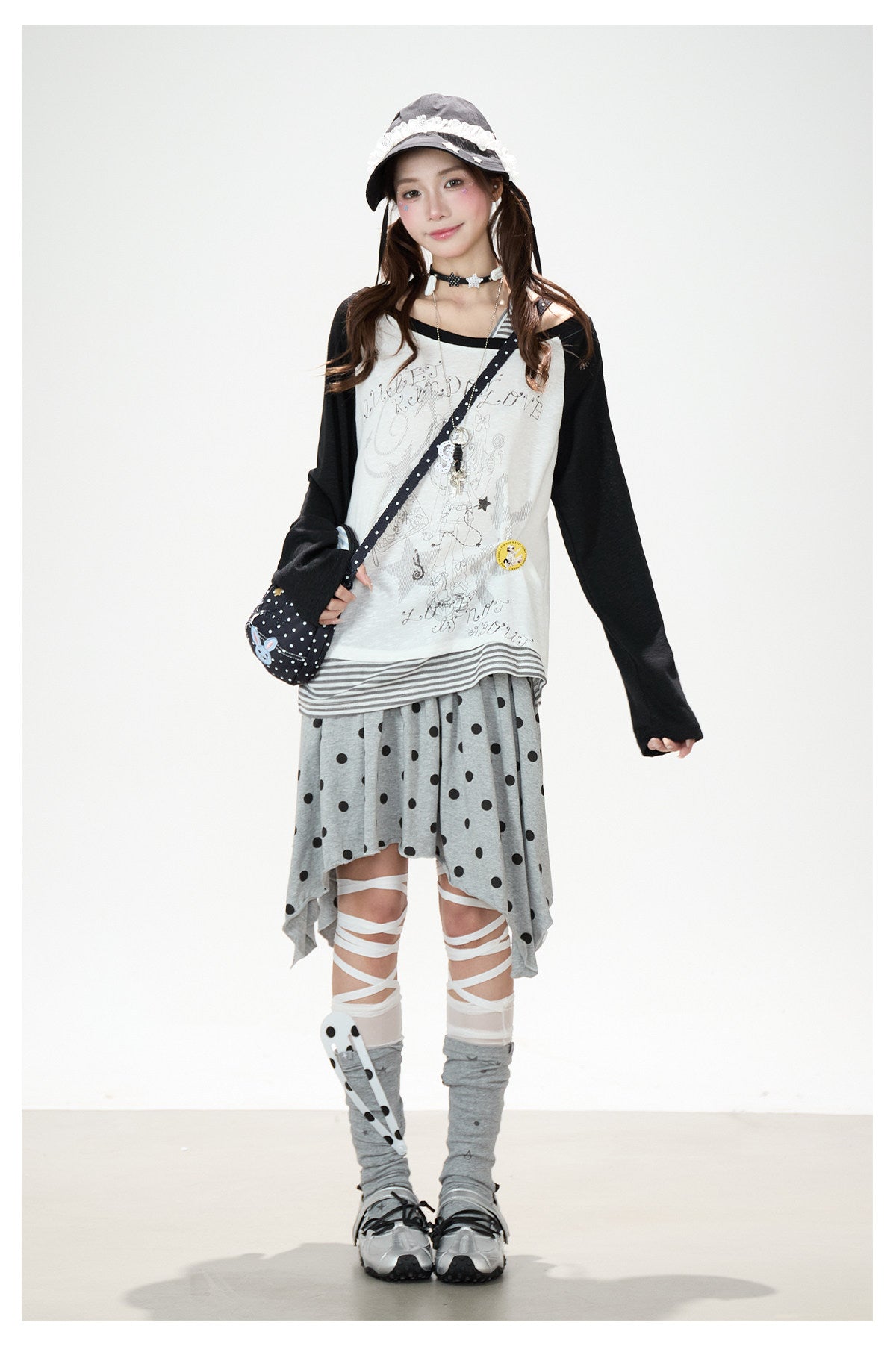 Cartoon Girl Off-Shoulder Long Sleeve Top & Asymmetric Polka-Dot Mini Skirt