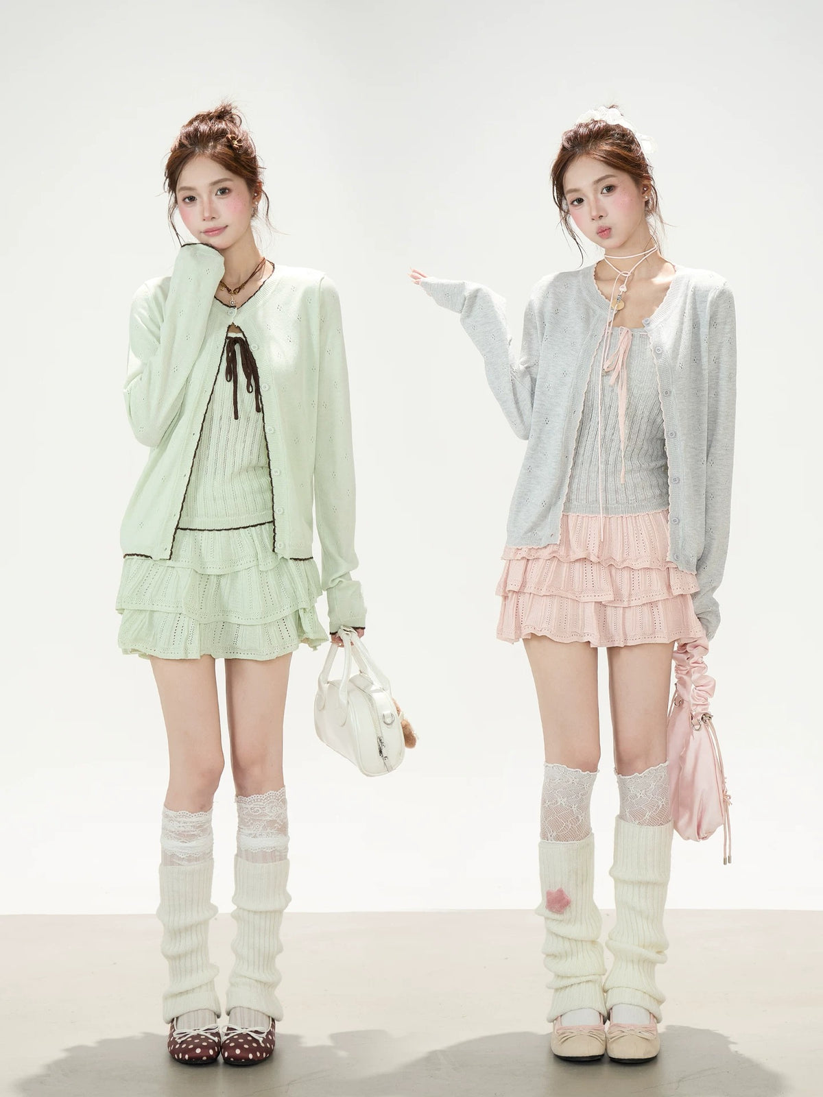 Pointelle Bow Cardigan & Cami Knit Set & Tiered Ruffle Mini Skirt