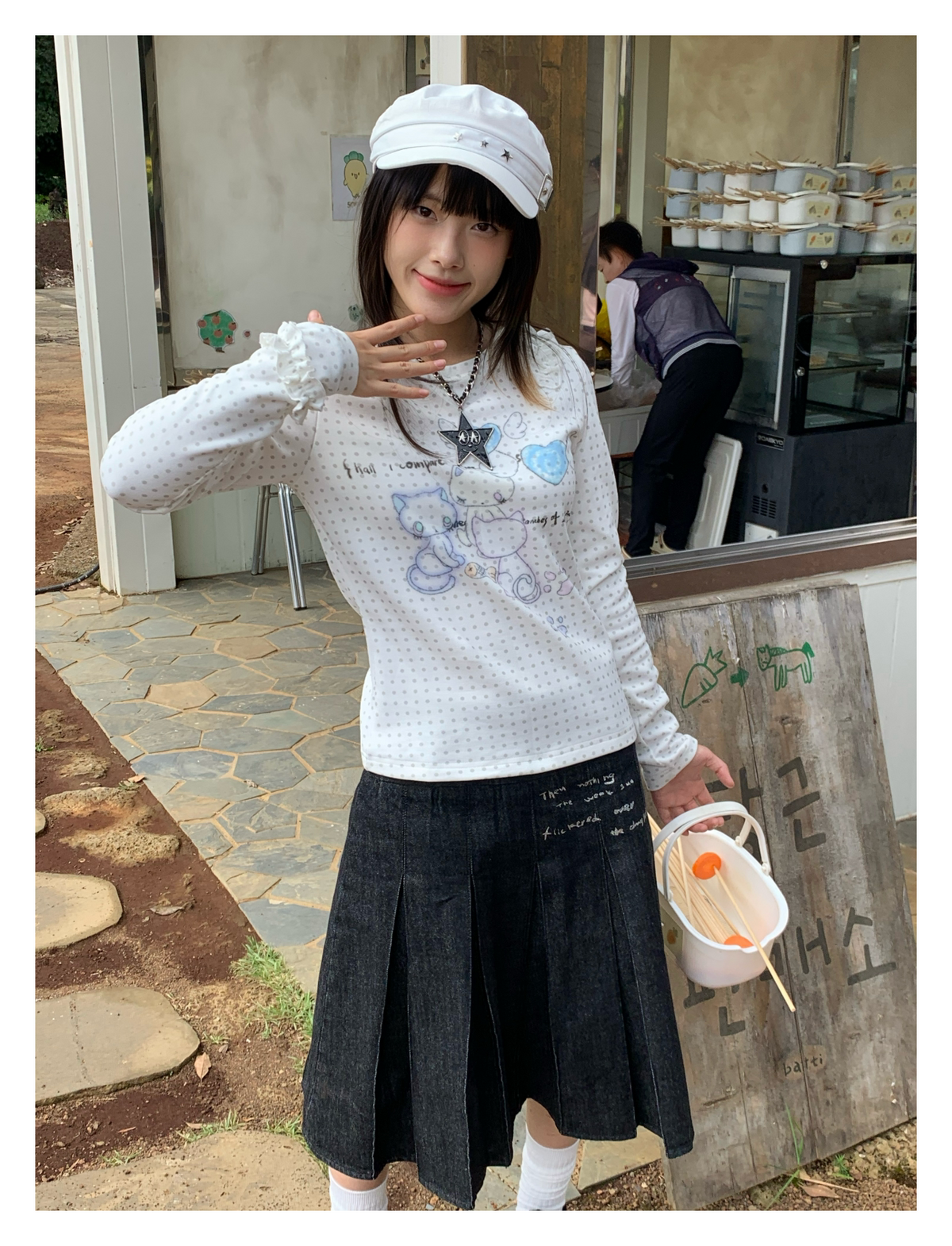 Cat Party Polka Dot Ruffle Long Sleeve Top