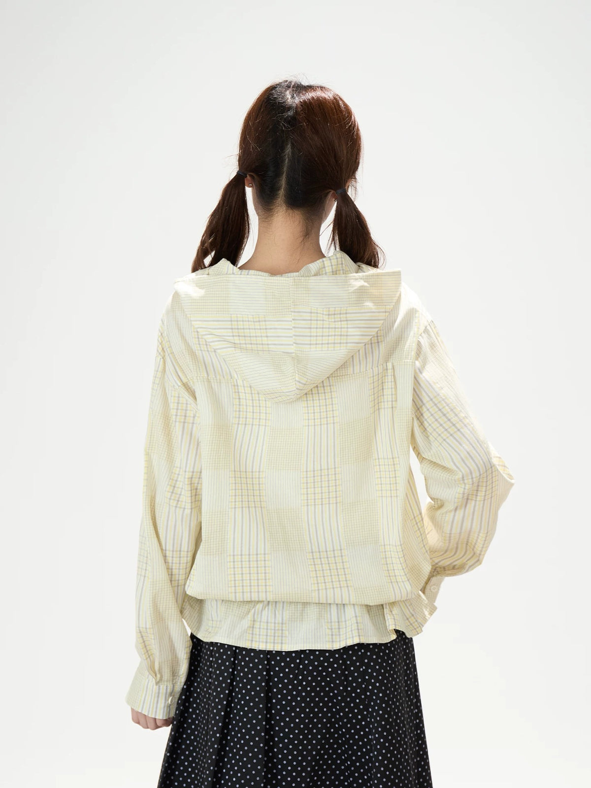 Plaid Hooded Long Sleeve Shirt & Black Polka-Dot Midi Skirt