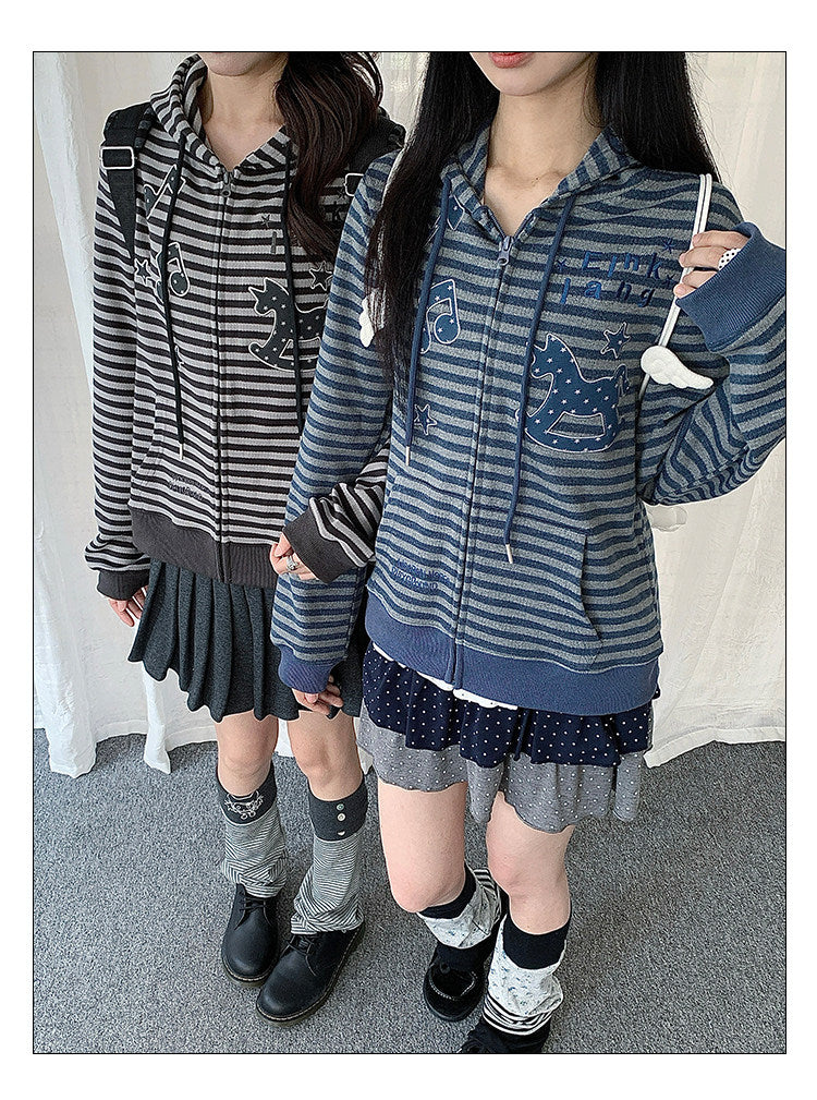 Rocking Horse & Music Appliqué Striped Zip Hoodie