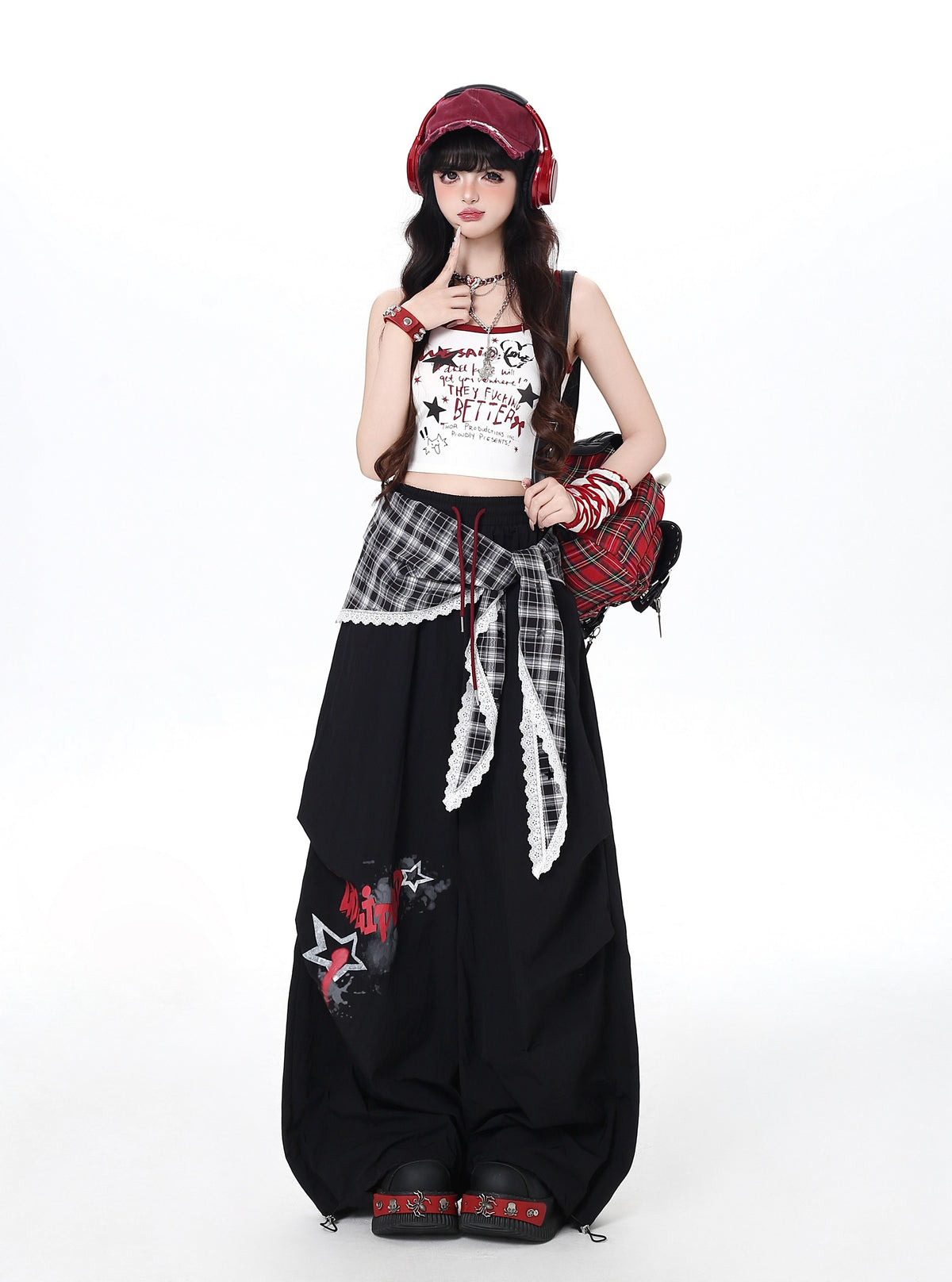 Plaid Scarf Layered Wide-Leg Cargo Pants