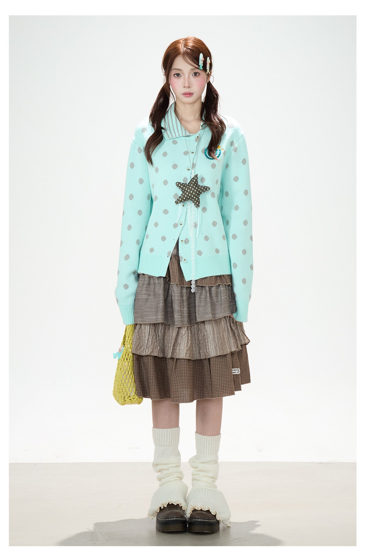 Polka-Dot Asymmetric Knit Cardigan & Tiered Midi Skirt